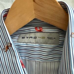 Etro White and Blue Striped Men's Shirt with Red Accents